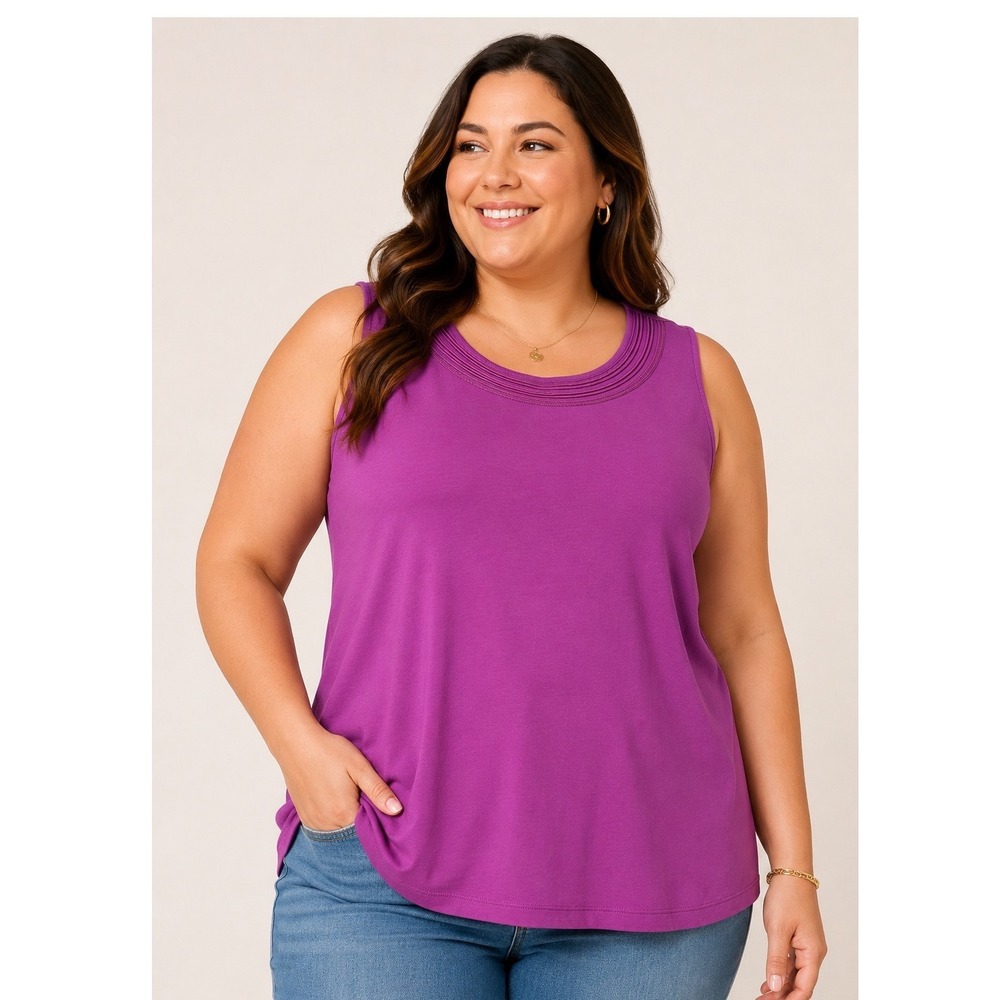 cj banks 3X Purple Wine Cotton Sleeveless Pleated Satin Trim Scoop Neck Tank Top